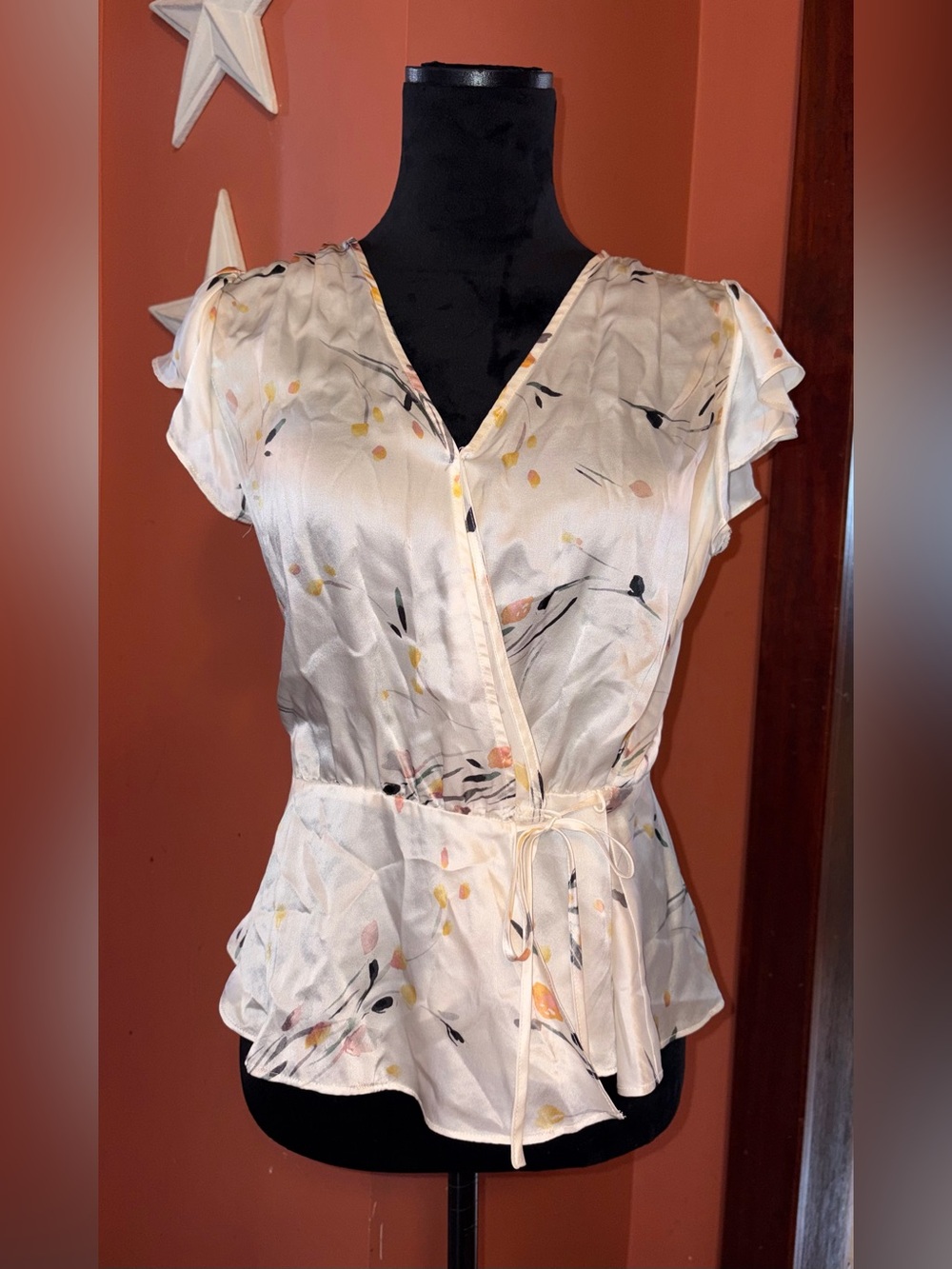 White House Black Market Cream Floral Wrap Blouse